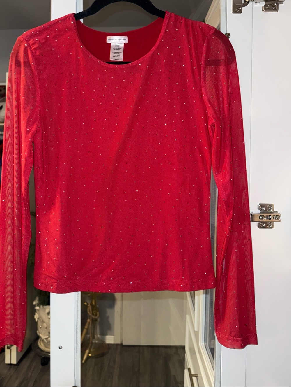 Sparkle Red Long-Sleeve Mesh Top